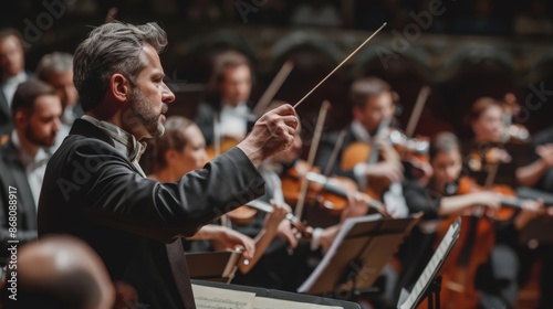 Mature Orchestra Conductor Leading a Classical Performance in Concert Hall