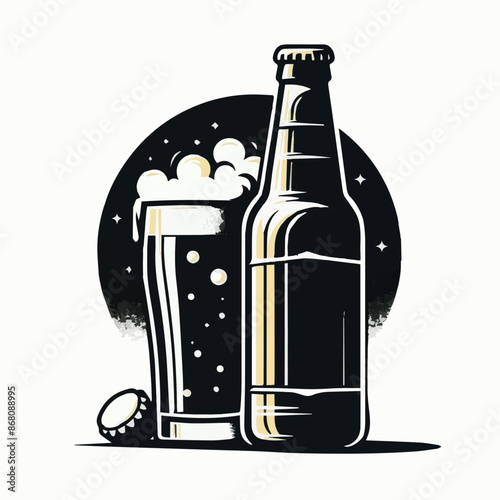 Beer Bottle and Glass Vector Art Illustrations Silhouette For Oktoberfest. Generative AI