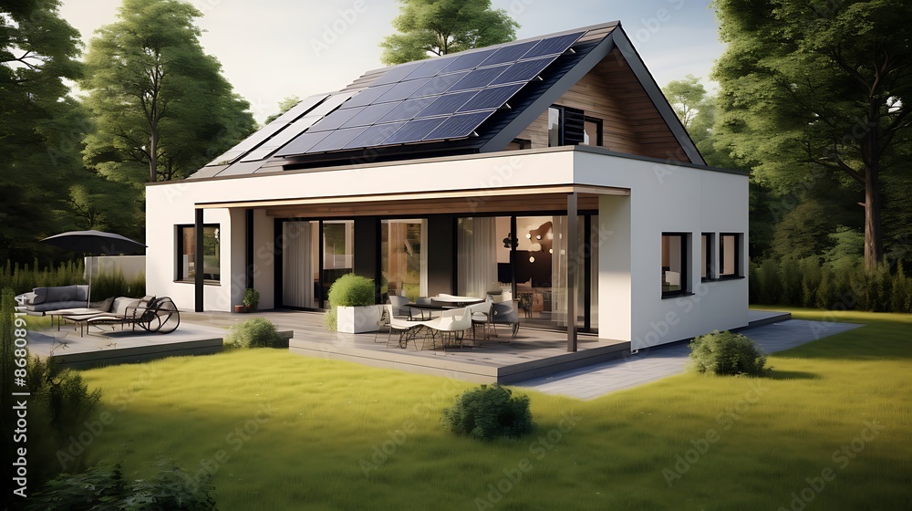 The image shows a modern house with a solar roof and a green lawn, There are also trees and a bench outside