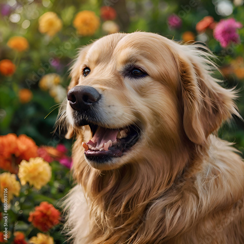 Free photo of Labrador retriever dog surrounded by colorful blooms. AI generative image.
