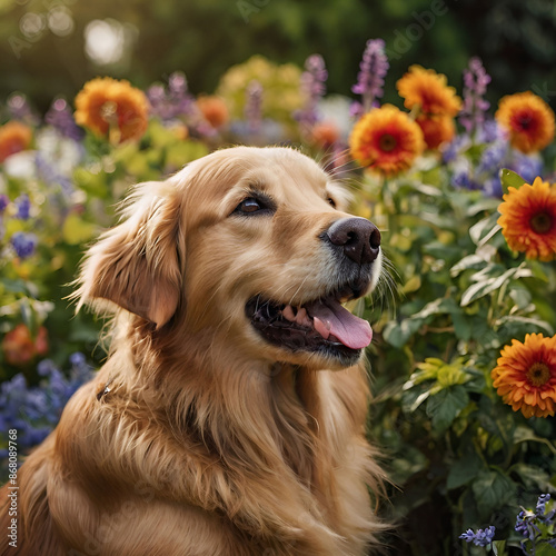 Free photo of Labrador retriever dog surrounded by colorful blooms. AI generative image.