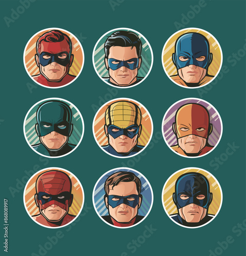 Superheroes printable stickers clipart vector illustration set