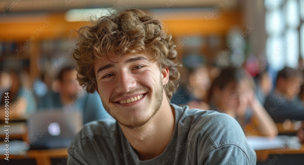 Young Man Smiling in a Classroom Setting Young Man Smiling in a Classroom Setting