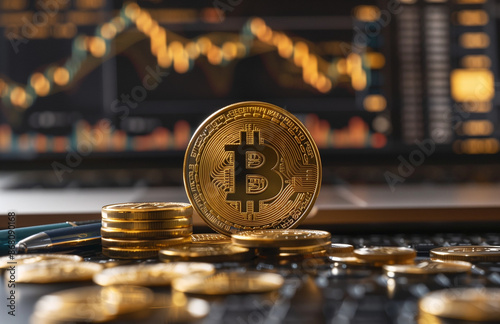 golden bitcoin logo surrounded by coins
