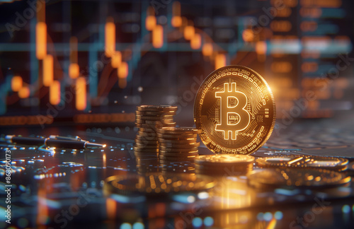golden bitcoin logo surrounded by coins