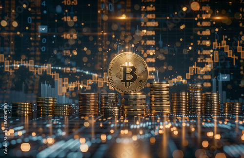golden bitcoin logo surrounded by coins