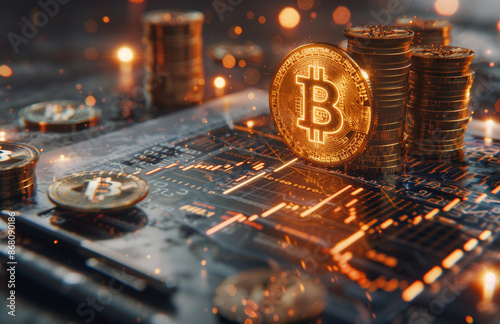 golden bitcoin logo surrounded by coins