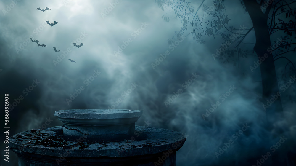 Spooky Halloween Scene With Shadowy Podium And Fog 7 Spooky Halloween Scene With Shadowy Podium And Fog 7