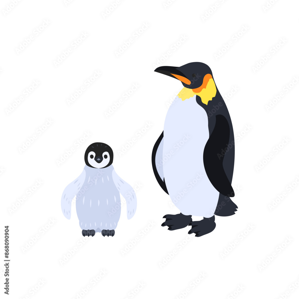 Fototapeta premium コウテイペンギン(エンペラーペンギン)の雛と成鳥。フラットなベクターイラスト。 Emperor penguin chick and adult. Flat vector illustration.