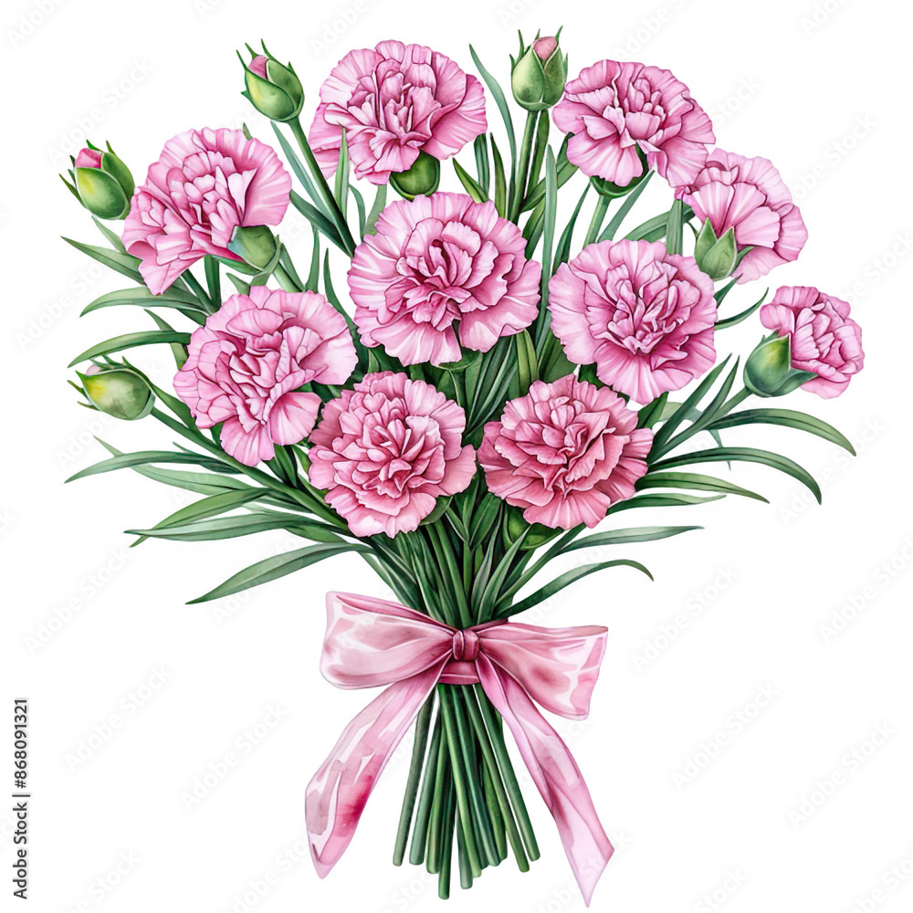 Obraz premium Pink Carnation Bouquet with Ribbon Illustration, Watercolor illustration of a pink carnation bouquet tied with a ribbon, showcasing delicate petals and lush green stems. 