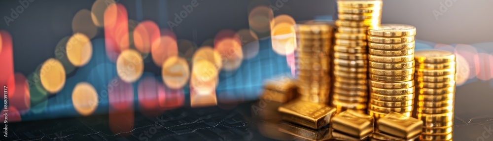 Golden coin stacks with defocused blue and red stock market graph background represent wealth, investment, and financial growth concept. Golden coin stacks with defocused blue and red stock market graph background represent wealth, investment, and financial growth concept.