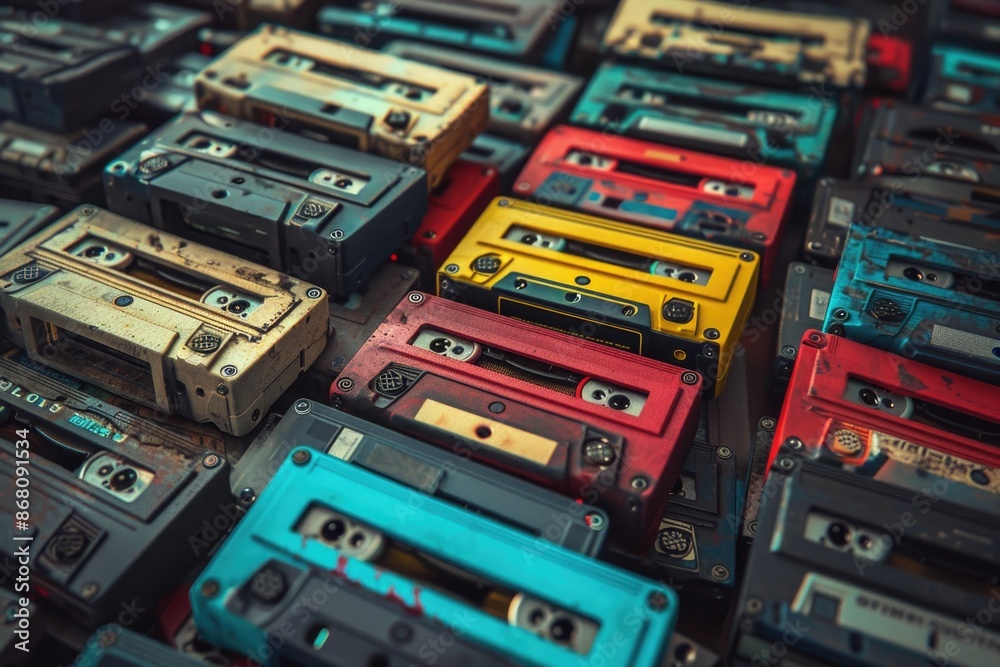 Huge collection of audio cassettes. Retro musical background Huge collection of audio cassettes. Retro musical background
