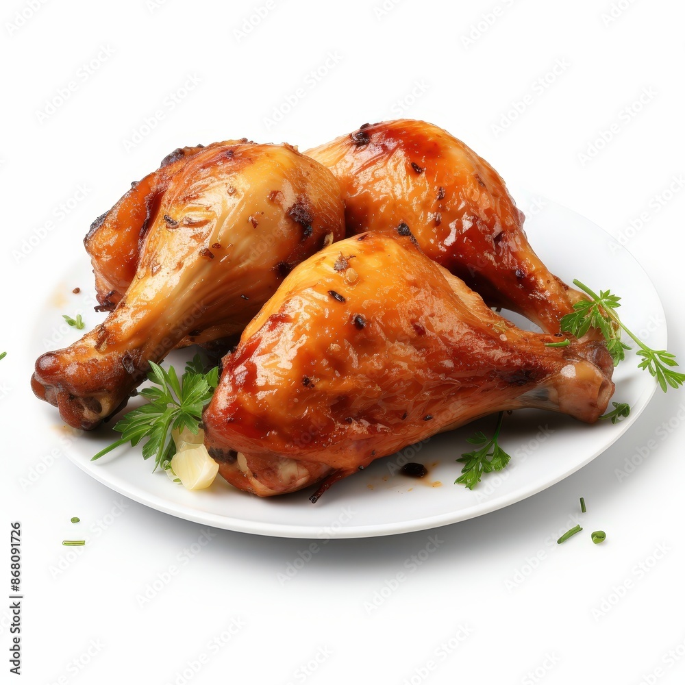 Three Roasted Chicken Legs on a White Plate Three Roasted Chicken Legs on a White Plate