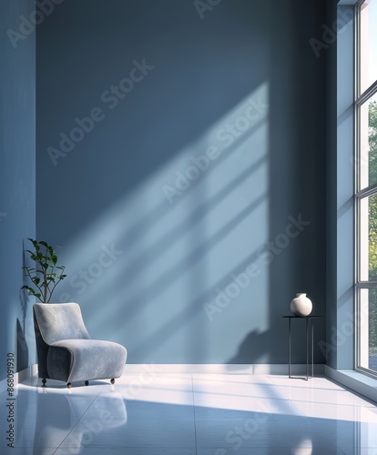 A minimalist interior featuring natural lighting, blue wall, and sleek furniture