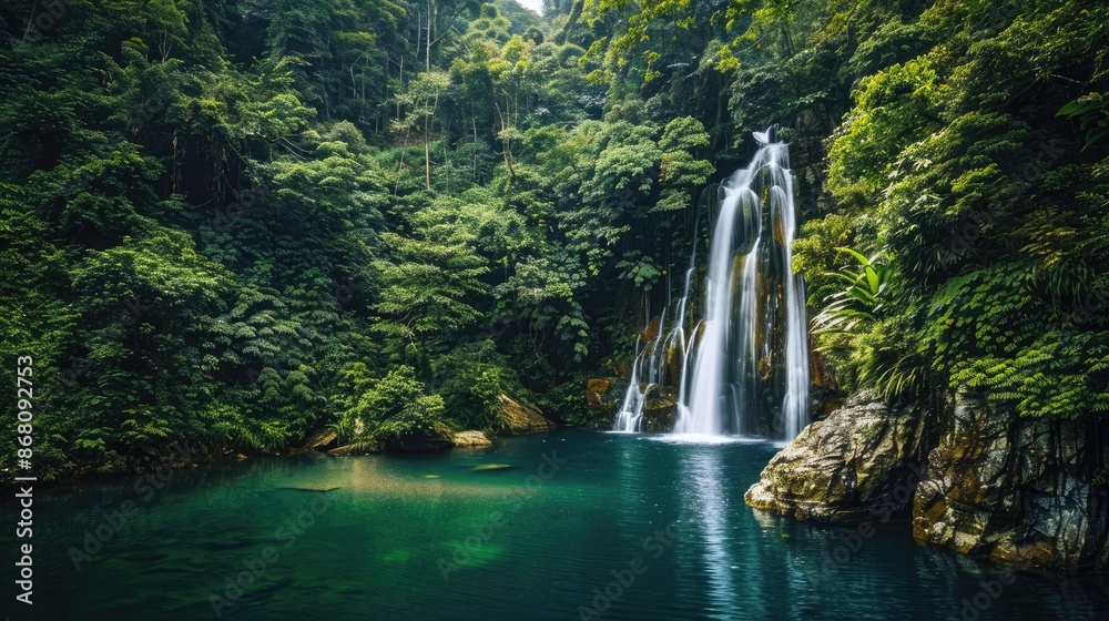 Fototapeta premium A serene waterfall flowing into a tranquil pool, surrounded by dense greenery and tall trees