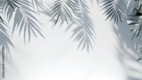 Blank white wall with palm leaves Bright sunlight Beautiful textured shadows on wall Mocap template for your promotional presentation 