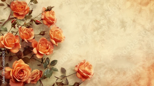 Fototapeta Naklejka Na Ścianę i Meble -  Vintage orange roses on a textured cream background