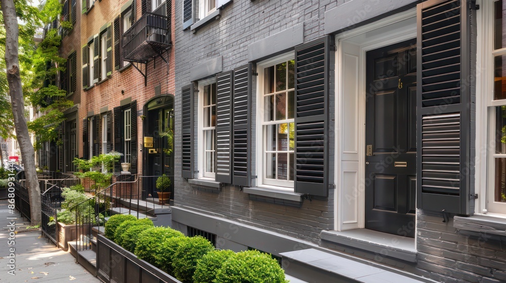 urban row house with charcoal grey Bahama shutters, adding a modern touch to the historic architecture urban row house with charcoal grey Bahama shutters, adding a modern touch to the historic architecture