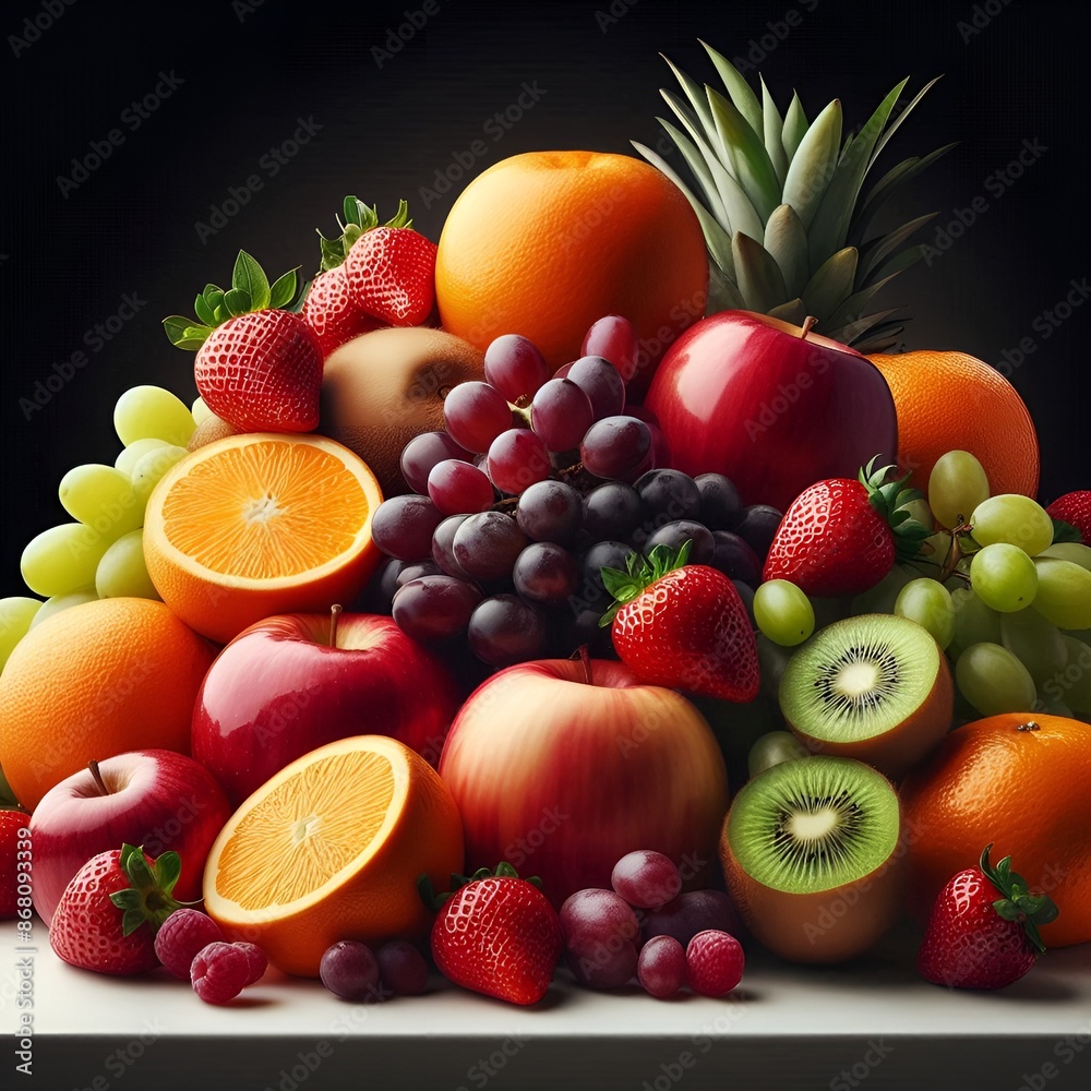 Various fruits piled together on a white table with a black background. Various fruits piled together on a white table with a black background.