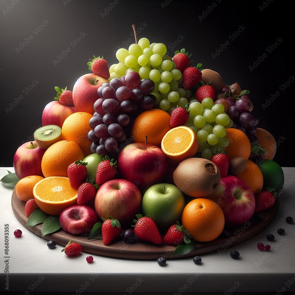 Various fruits piled together on a white table with a black background. Various fruits piled together on a white table with a black background.