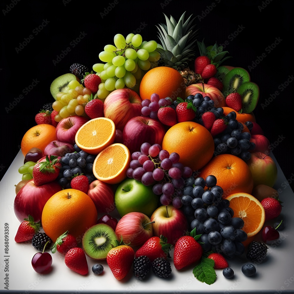 Various fruits piled together on a white table with a black background. Various fruits piled together on a white table with a black background.