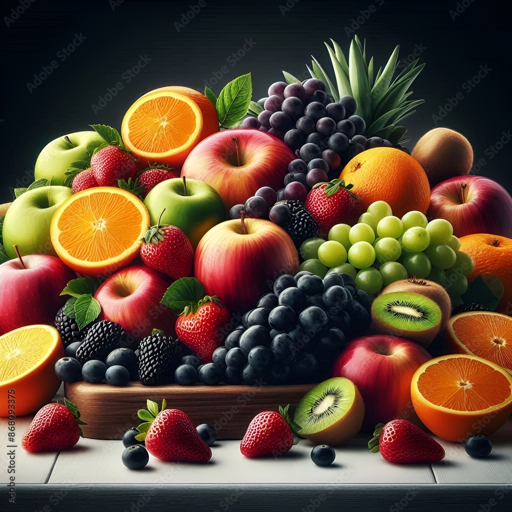 Various fruits piled together on a white table with a black background. Various fruits piled together on a white table with a black background.