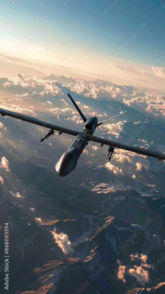 Naklejka premium A combat drone patrolling a heavily contested border, sensors scanning for potential threats