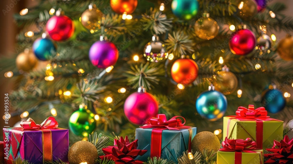 Bright Christmas card background, lively Christmas tree with multicolored ornaments, vibrant gift boxes, twinkling lights, [Merry Christmas celebration], [bright holiday]