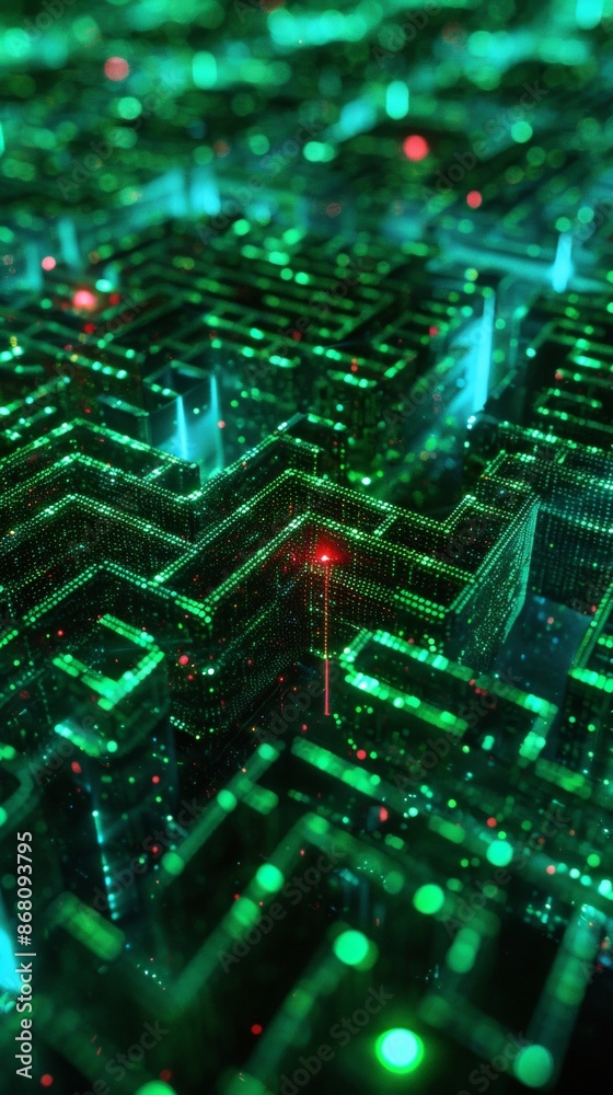 Obraz premium A digital maze teeming with glowing green code, a single red virus particle navigating through the labyrinth, photorealistic