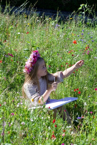 Girl, nine, summer, mirror, flowers, 