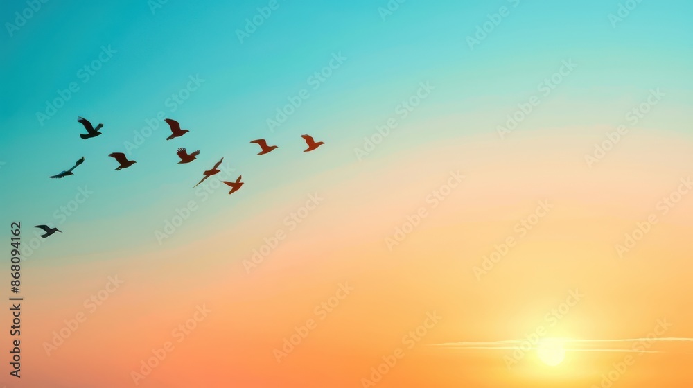Fototapeta premium Silhouetted birds flying over a vibrant sunset sky