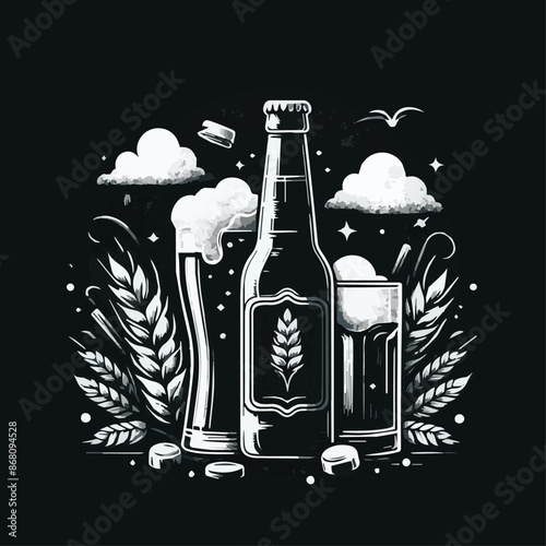 Beer Bottle and Glass Vector Art Illustrations Silhouette For Oktoberfest. Generative AI