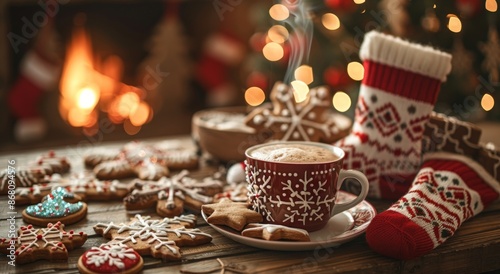 Wallpaper Mural Festive Christmas Morning Coffee With Gingerbread Cookies by a Cozy Fireplace Torontodigital.ca