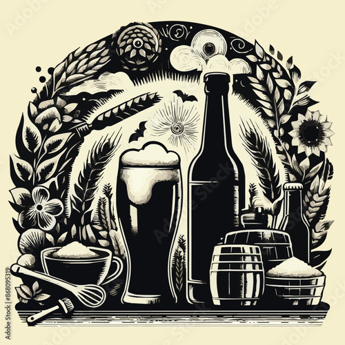 Beer Bottle and Glass Vector Art Illustrations Silhouette For Oktoberfest. Generative AI