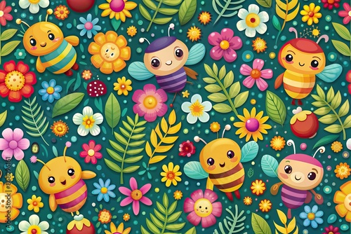 Colorful cartoon bees surrounded by vibrant flowers and leaves create a whimsical seamless pattern perfect for wrapping paper, fabric, or wallpaper designs.