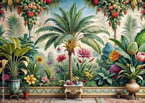 Vibrant tropical botanical illustration featuring a majestic palm tree surrounded by colorful vegetable flowers in a ornate vintage border on a bright mural wallpaper.