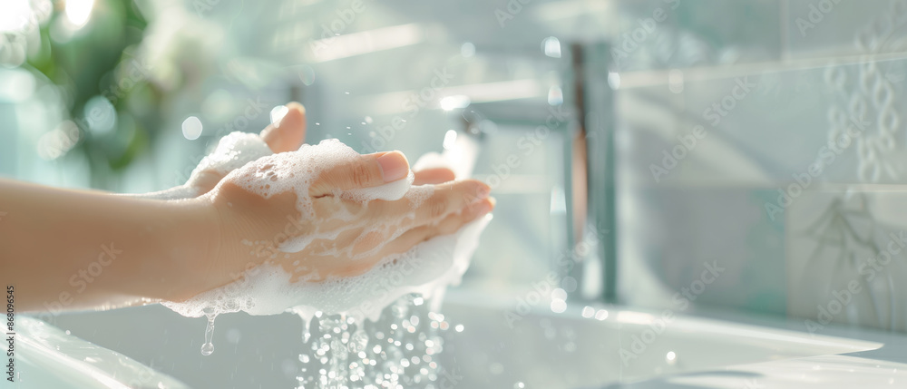Close-up of hands washing with soap under running water. Emphasizes cleanliness and hygiene in a bathroom setting. Close-up of hands washing with soap under running water. Emphasizes cleanliness and hygiene in a bathroom setting.
