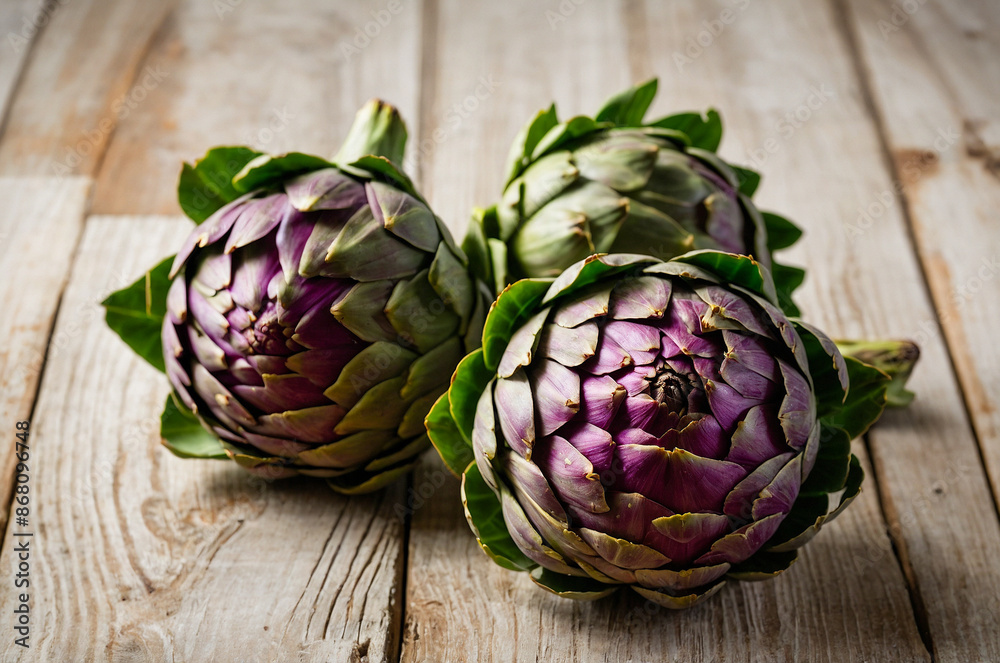 Fototapeta premium Artichokes: Unveiling Their Beauty on Rustic Wood