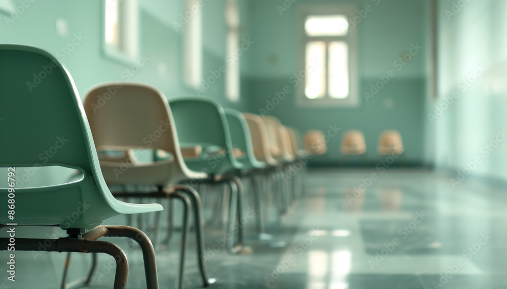 Empty chairs aligned in a hospital waiting area with green walls and natural light streaming through windows, creating a serene atmosphere. Empty chairs aligned in a hospital waiting area with green walls and natural light streaming through windows, creating a serene atmosphere.