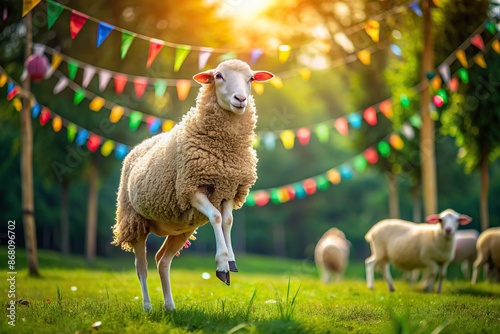 Vibrant 4K image of a joyful sheep dancing in a green meadow, surrounded by Eid Al Adha decorations, conveying festive and celebratory atmosphere. photo