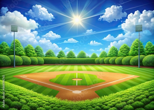 Vibrant green baseball field illustration with precise white lines, stylized bushes, and a bright blue sky with puffy white clouds, evoking a sense of summertime nostalgia.