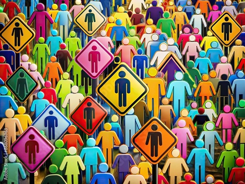 Colorful crowd signs featuring diverse figure pictograms, scattered and overlapping, convey the concept of a large, disorganized group of people in a vibrant, abstract representation. photo