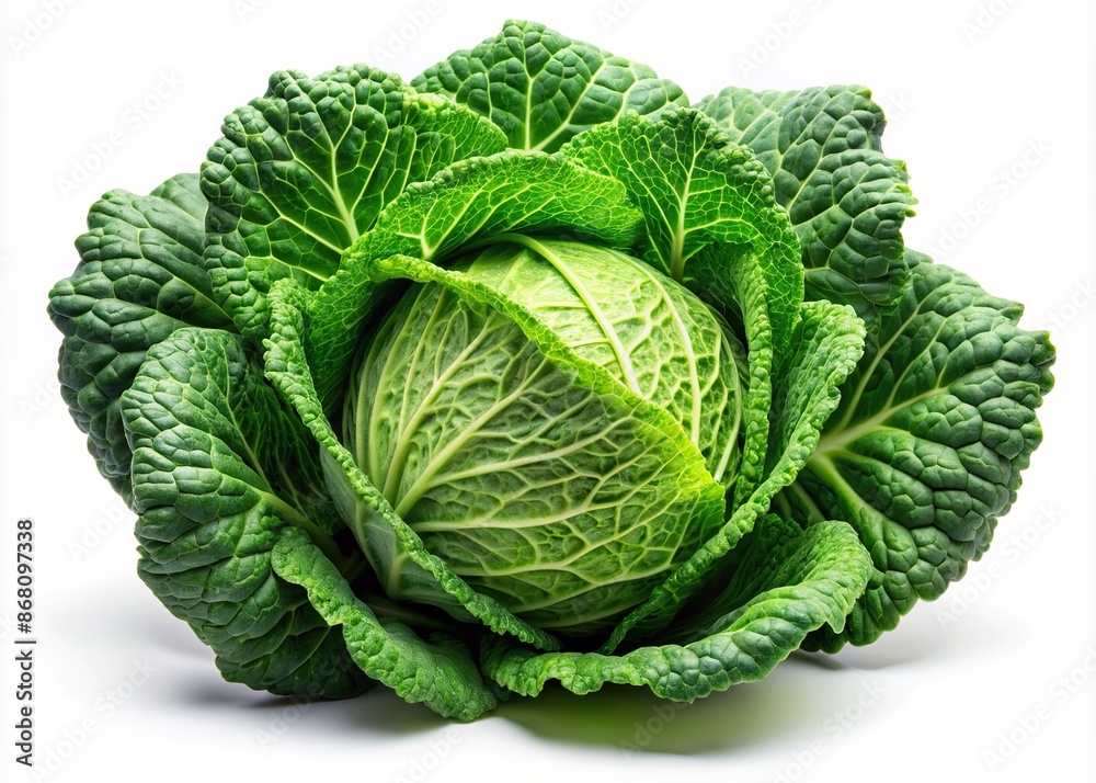 Fototapeta premium Fresh green cabbage vegetable with crisp leaves and compact round shape isolated on pure white background, highlighting its vibrant natural color and texture.