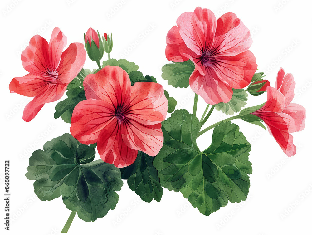 Obraz premium A cluster of vibrant pink geranium flowers with green leaves, isolated on a white background.