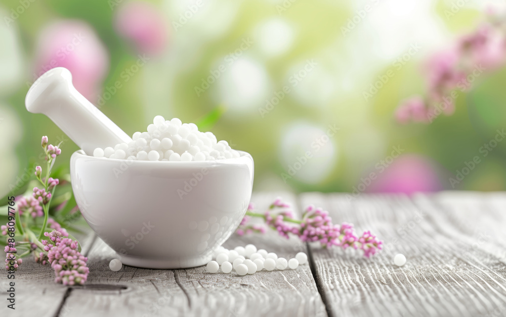Mortar and pestle with white granules on wooden surface, surrounded by pink flowers, evoking alternative medicine and homeopathy themes. Mortar and pestle with white granules on wooden surface, surrounded by pink flowers, evoking alternative medicine and homeopathy themes.