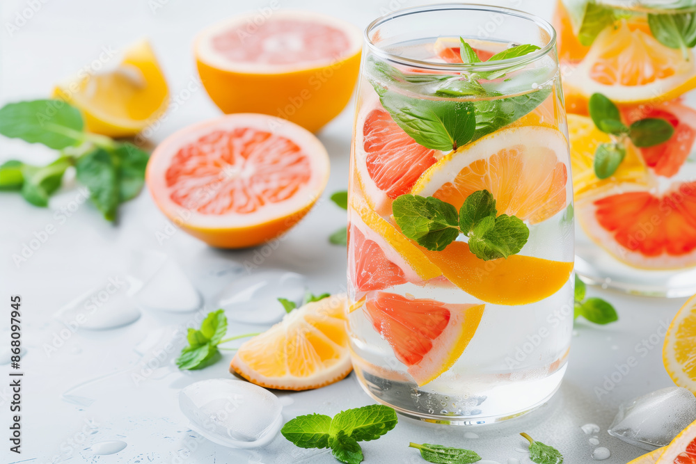 Refreshing citrus-infused water with grapefruit and lemon slices, garnished with fresh mint - a healthy and hydrating beverage choice. Refreshing citrus-infused water with grapefruit and lemon slices, garnished with fresh mint - a healthy and hydrating beverage choice.