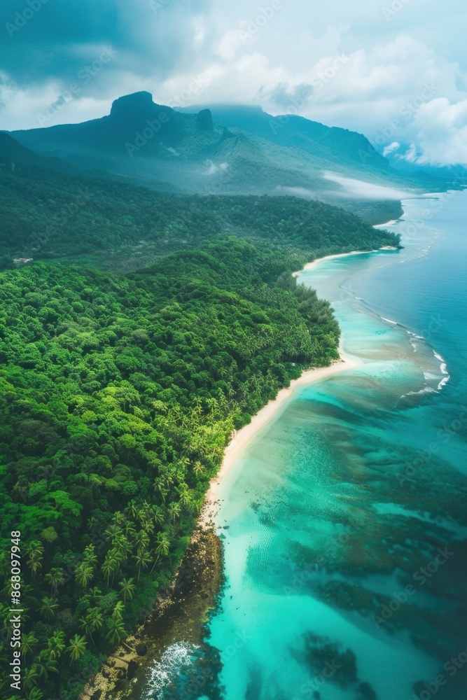 Aerial view of a tropical island paradise, white sand beaches, turquoise lagoons, and lush rainforest Aerial view of a tropical island paradise, white sand beaches, turquoise lagoons, and lush rainforest
