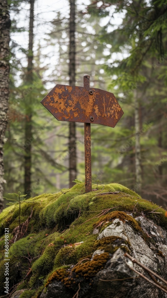 Rusty arrow sign on moss-covered rock in forest Rusty arrow sign on moss-covered rock in forest