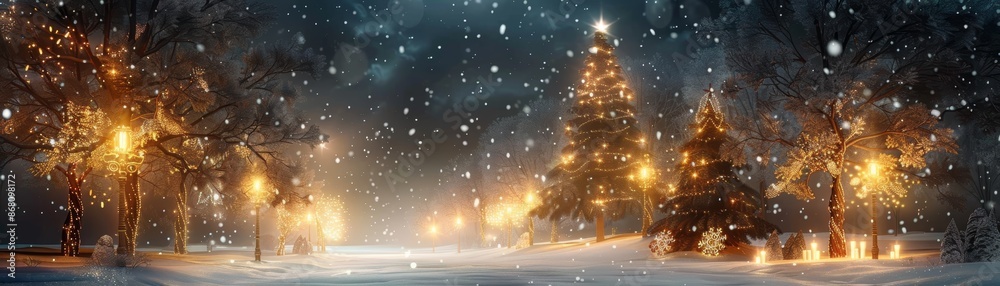 Snowy night scene with illuminated trees. Snowy night scene with illuminated trees.