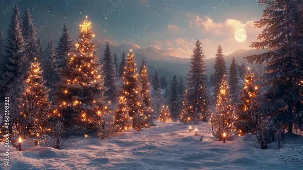 A snowy forest scene with Christmas trees lit up at night. The full moon shines brightly in the sky. A snowy forest scene with Christmas trees lit up at night. The full moon shines brightly in the sky.